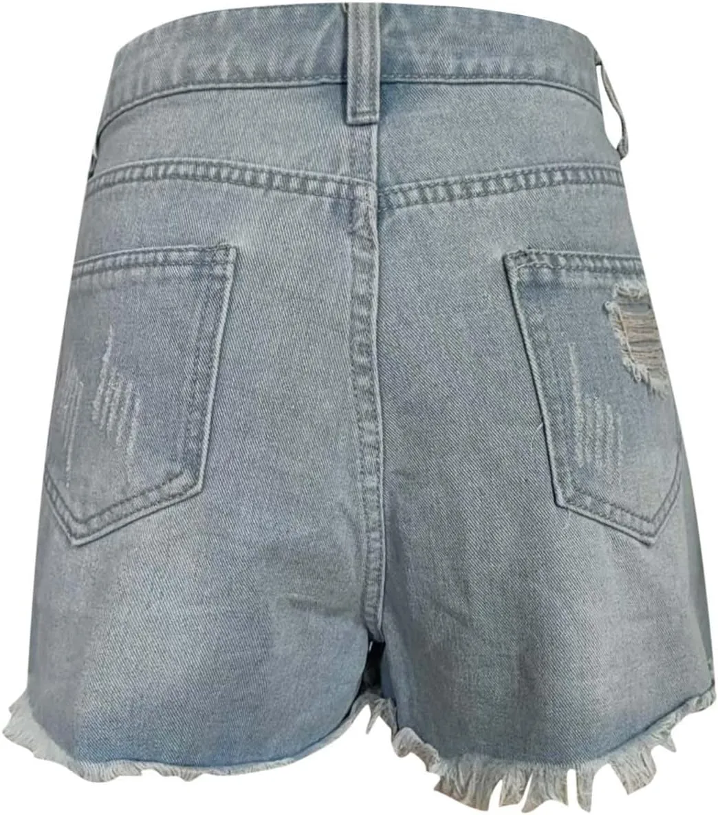 Stretchy Jean Shorts for Womens High Waisted Buttons Frayed Raw Hem Ripped Distressed Denim Shorts with Pockets