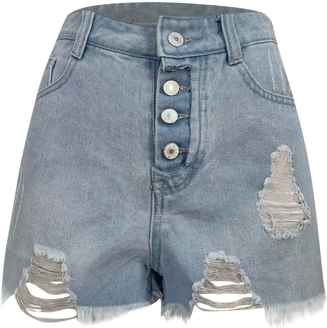 Stretchy Jean Shorts for Womens High Waisted Buttons Frayed Raw Hem Ripped Distressed Denim Shorts with Pockets