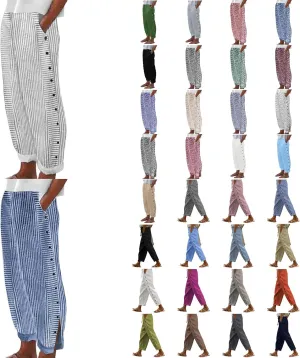 Striped Linen Capri Pants Women Side Button Elastic Waist Gauze Pants Lightweight Summer Beach Cropped Trousers 2025