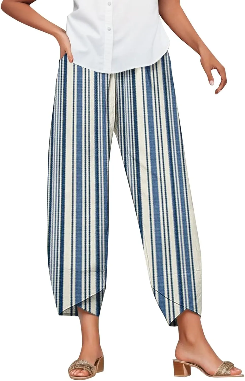 Striped Linen Pants Women Casual Elastic Waist Straight Leg Cropped Pant Lounge Baggy Gauze Trousers with Pockets