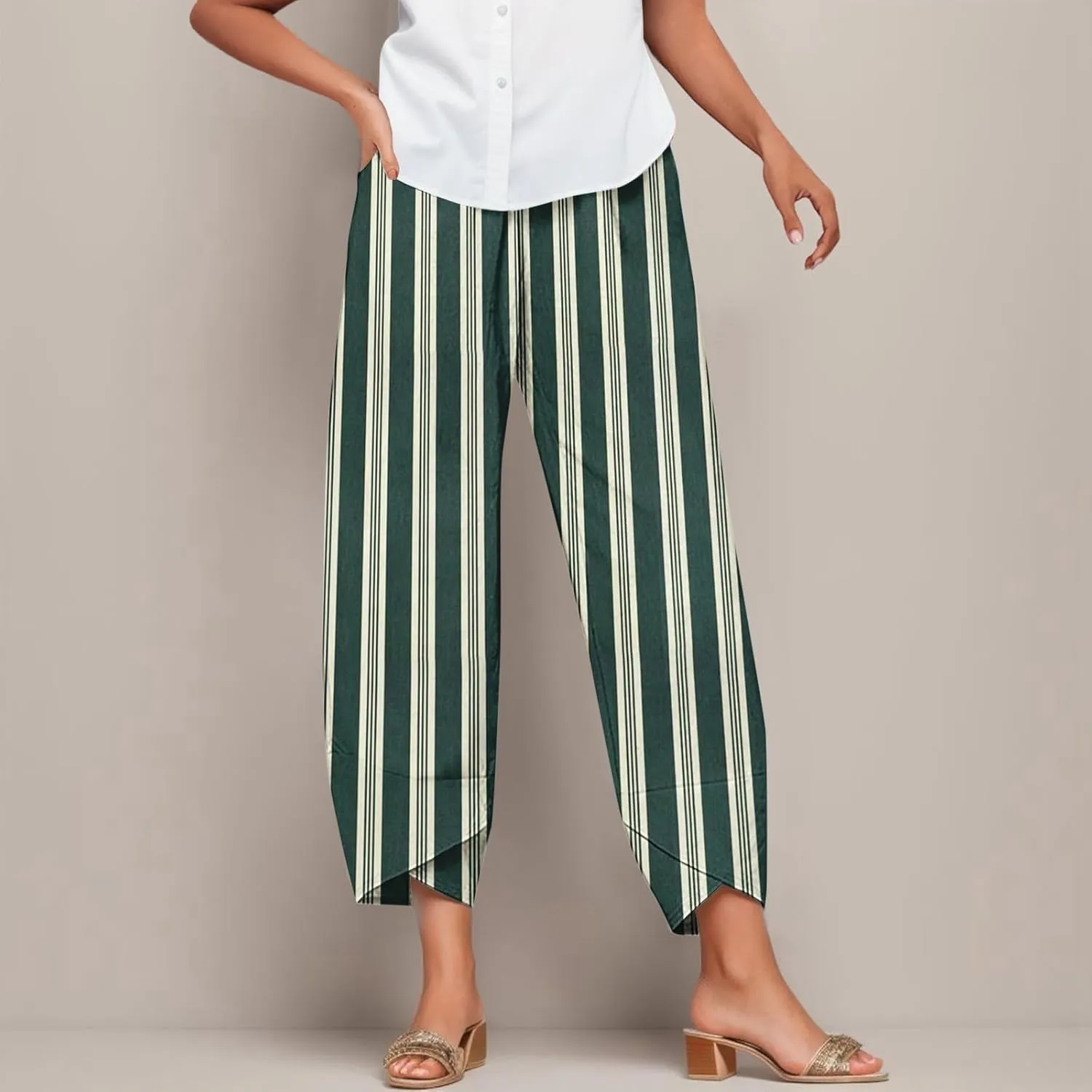 Striped Linen Pants Women Casual Elastic Waist Straight Leg Cropped Pant Lounge Baggy Gauze Trousers with Pockets