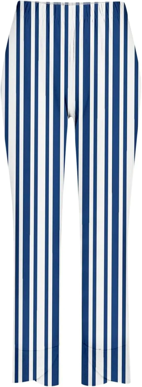 Striped Linen Pants Women Casual Elastic Waist Straight Leg Cropped Pant Lounge Baggy Gauze Trousers with Pockets
