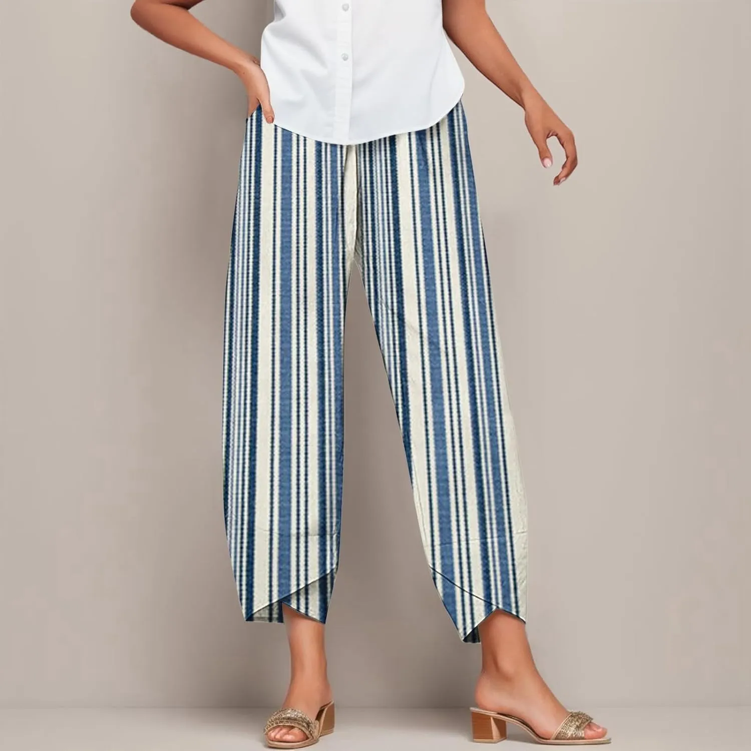 Striped Linen Pants Women Casual Elastic Waist Straight Leg Cropped Pant Lounge Baggy Gauze Trousers with Pockets