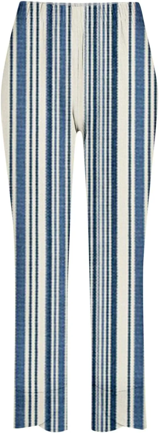 Striped Linen Pants Women Casual Elastic Waist Straight Leg Cropped Pant Lounge Baggy Gauze Trousers with Pockets