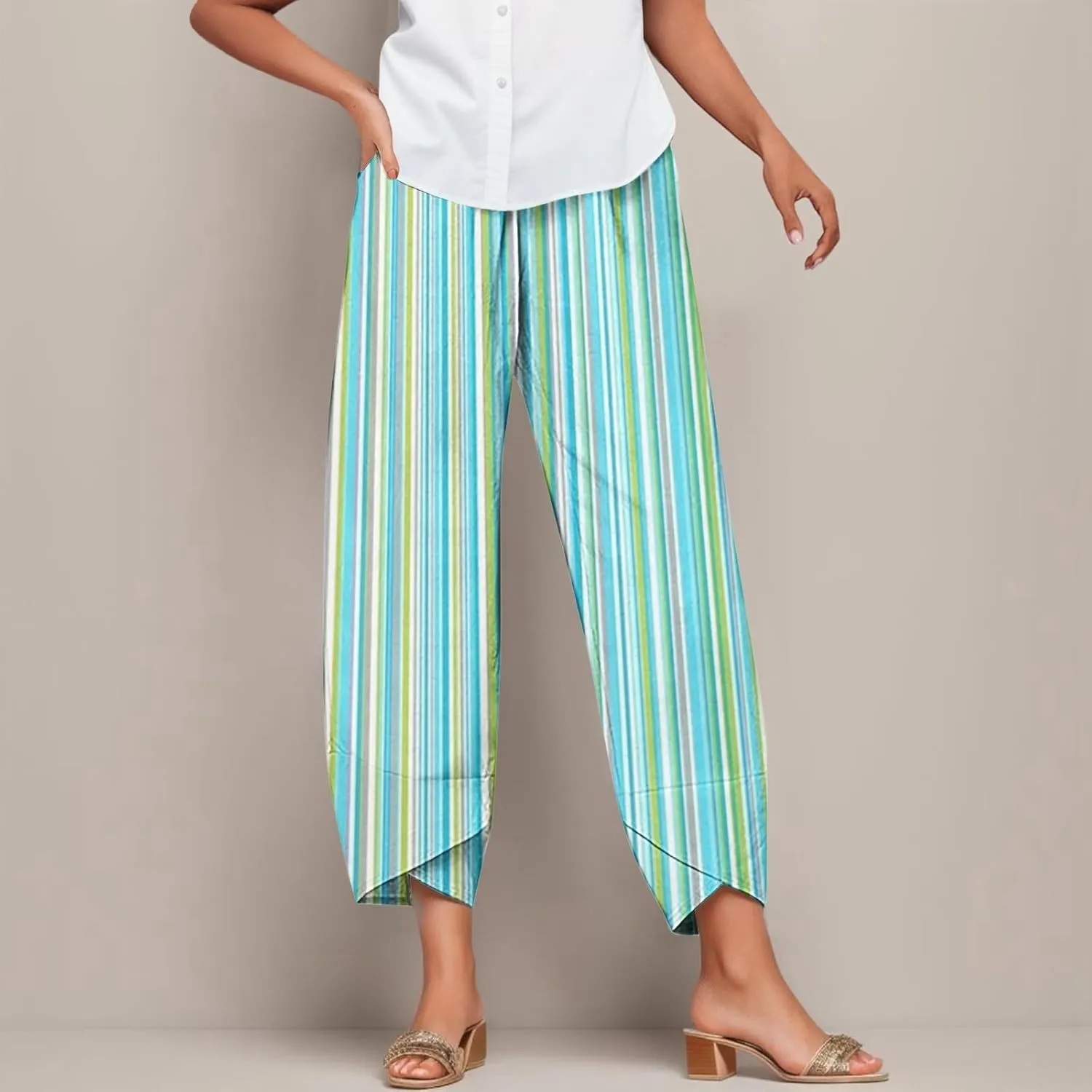 Striped Linen Pants Women Casual Elastic Waist Straight Leg Cropped Pant Lounge Baggy Gauze Trousers with Pockets