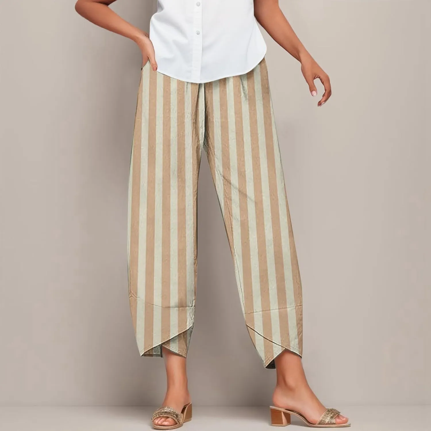 Striped Linen Pants Women Casual Elastic Waist Straight Leg Cropped Pant Lounge Baggy Gauze Trousers with Pockets