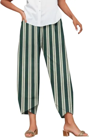 Striped Linen Pants Women Casual Elastic Waist Straight Leg Cropped Pant Lounge Baggy Gauze Trousers with Pockets