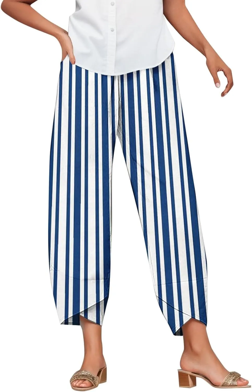 Striped Linen Pants Women Casual Elastic Waist Straight Leg Cropped Pant Lounge Baggy Gauze Trousers with Pockets