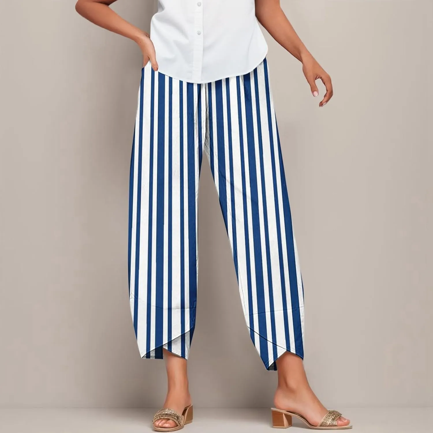 Striped Linen Pants Women Casual Elastic Waist Straight Leg Cropped Pant Lounge Baggy Gauze Trousers with Pockets