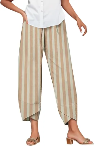 Striped Linen Pants Women Casual Elastic Waist Straight Leg Cropped Pant Lounge Baggy Gauze Trousers with Pockets