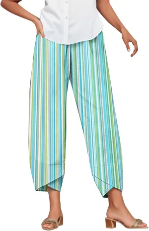 Striped Linen Pants Women Casual Elastic Waist Straight Leg Cropped Pant Lounge Baggy Gauze Trousers with Pockets