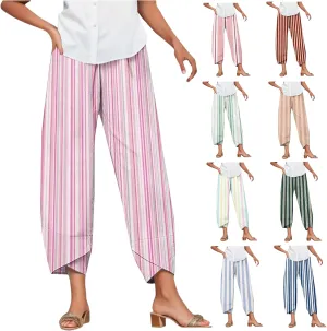 Striped Linen Pants Women Casual Elastic Waist Straight Leg Cropped Pant Lounge Baggy Gauze Trousers with Pockets