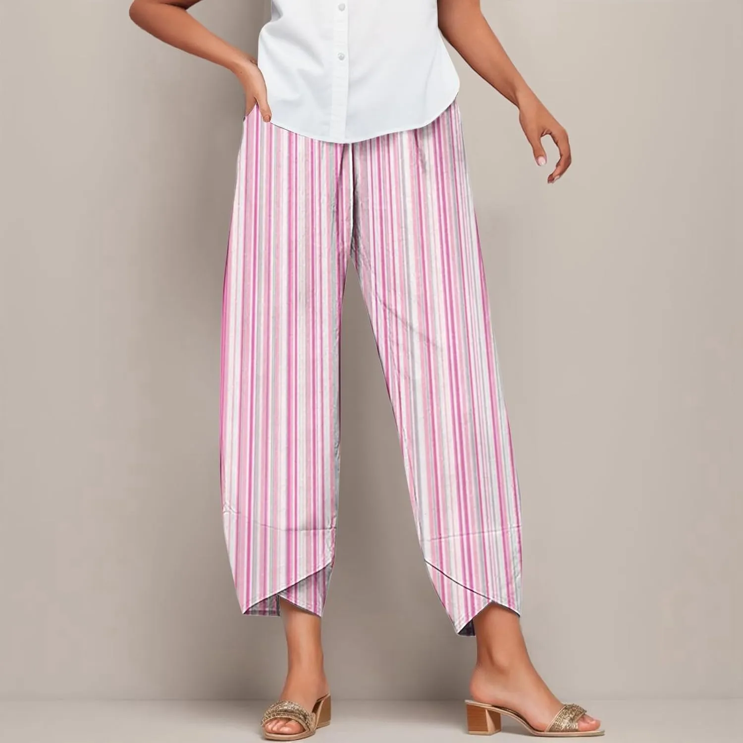 Striped Linen Pants Women Casual Elastic Waist Straight Leg Cropped Pant Lounge Baggy Gauze Trousers with Pockets