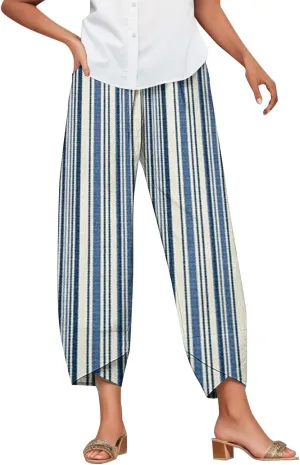 Striped Linen Pants Women Casual Elastic Waist Straight Leg Cropped Pant Lounge Baggy Gauze Trousers with Pockets