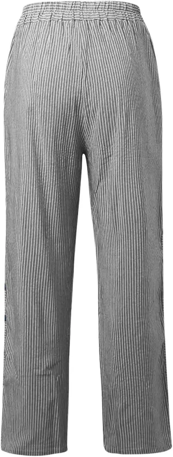 Striped Linen Pants Women Side Button Elastic Waist Capri Gauze Pants Lightweight Summer Beach Cropped Trousers 2025