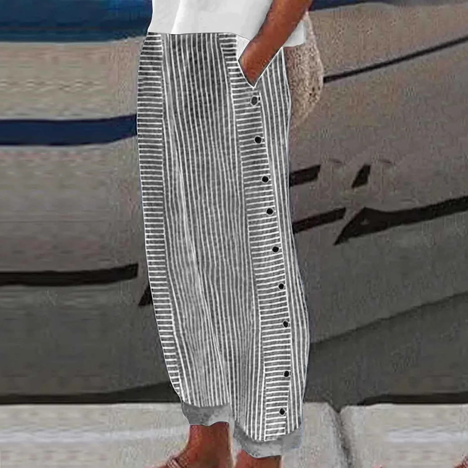 Striped Linen Pants Women Side Button Elastic Waist Capri Gauze Pants Lightweight Summer Beach Cropped Trousers 2025