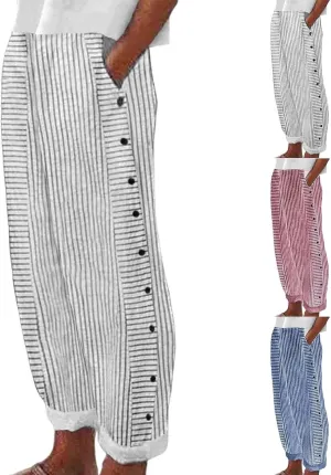 Striped Linen Pants Women Side Button Elastic Waist Capri Gauze Pants Lightweight Summer Beach Cropped Trousers 2025