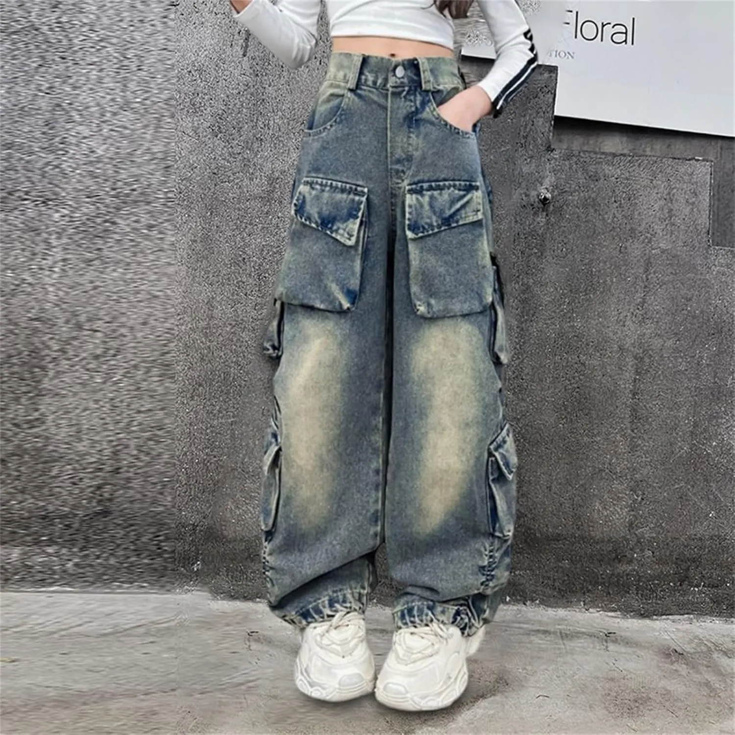 Suet Pants for Girls Kids Girls Ripped Distressed Washed Baggy Wide Leg Casual Jeans Size 5 Toddlers Gymnastics Clothes