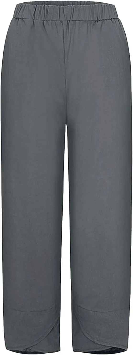 Summer Pants for Women Casual Pockets Cotton Linen Wide Leg Drawstring Elastic Waist Capris Crop Pants