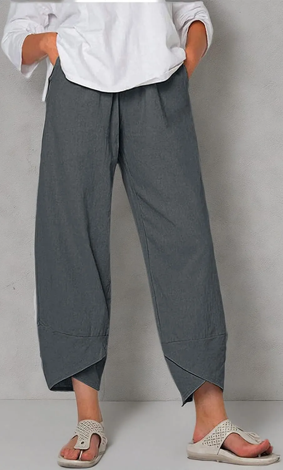Summer Pants for Women Casual Pockets Cotton Linen Wide Leg Drawstring Elastic Waist Capris Crop Pants