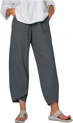 Summer Pants for Women Casual Pockets Cotton Linen Wide Leg Drawstring Elastic Waist Capris Crop Pants