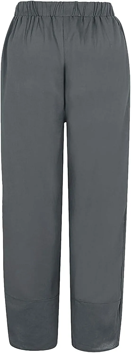 Summer Pants for Women Casual Pockets Cotton Linen Wide Leg Drawstring Elastic Waist Capris Crop Pants