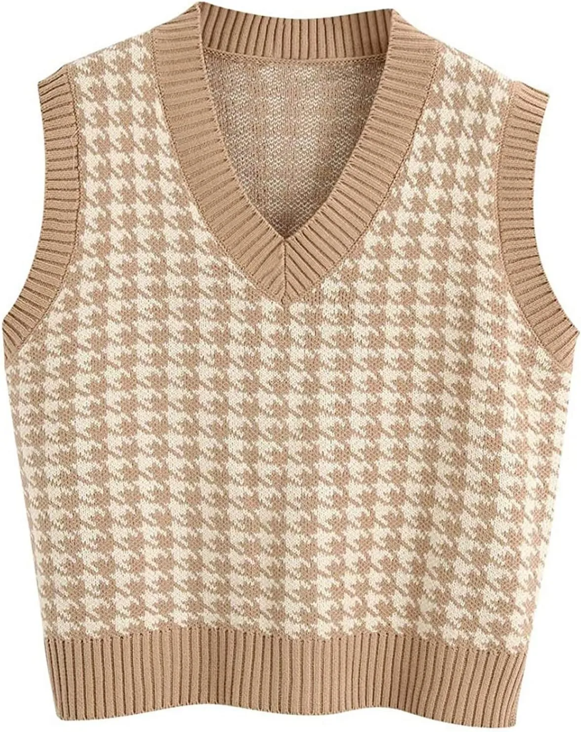 Sweater Vest Women Casual V Neck Houndstooth Knit Sweater 2024 Fall Aesthetic Checkered Sweater Y2K Sweater