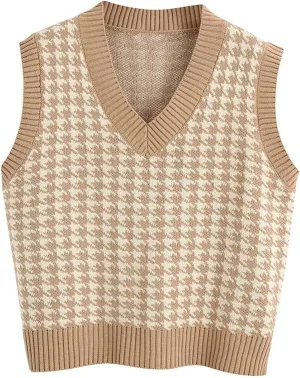 Sweater Vest Women Casual V Neck Houndstooth Knit Sweater 2024 Fall Aesthetic Checkered Sweater Y2K Sweater