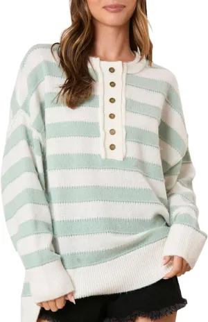 Sweaters for Women Henley Style Button Sweatshirt Striped Pullover Sweater Long Sleeve Knit Cardigan Fall Fashion Top