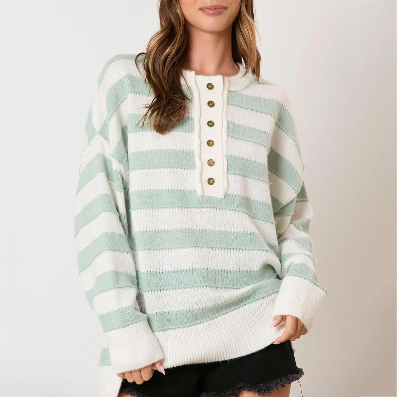 Sweaters for Women Henley Style Button Sweatshirt Striped Pullover Sweater Long Sleeve Knit Cardigan Fall Fashion Top