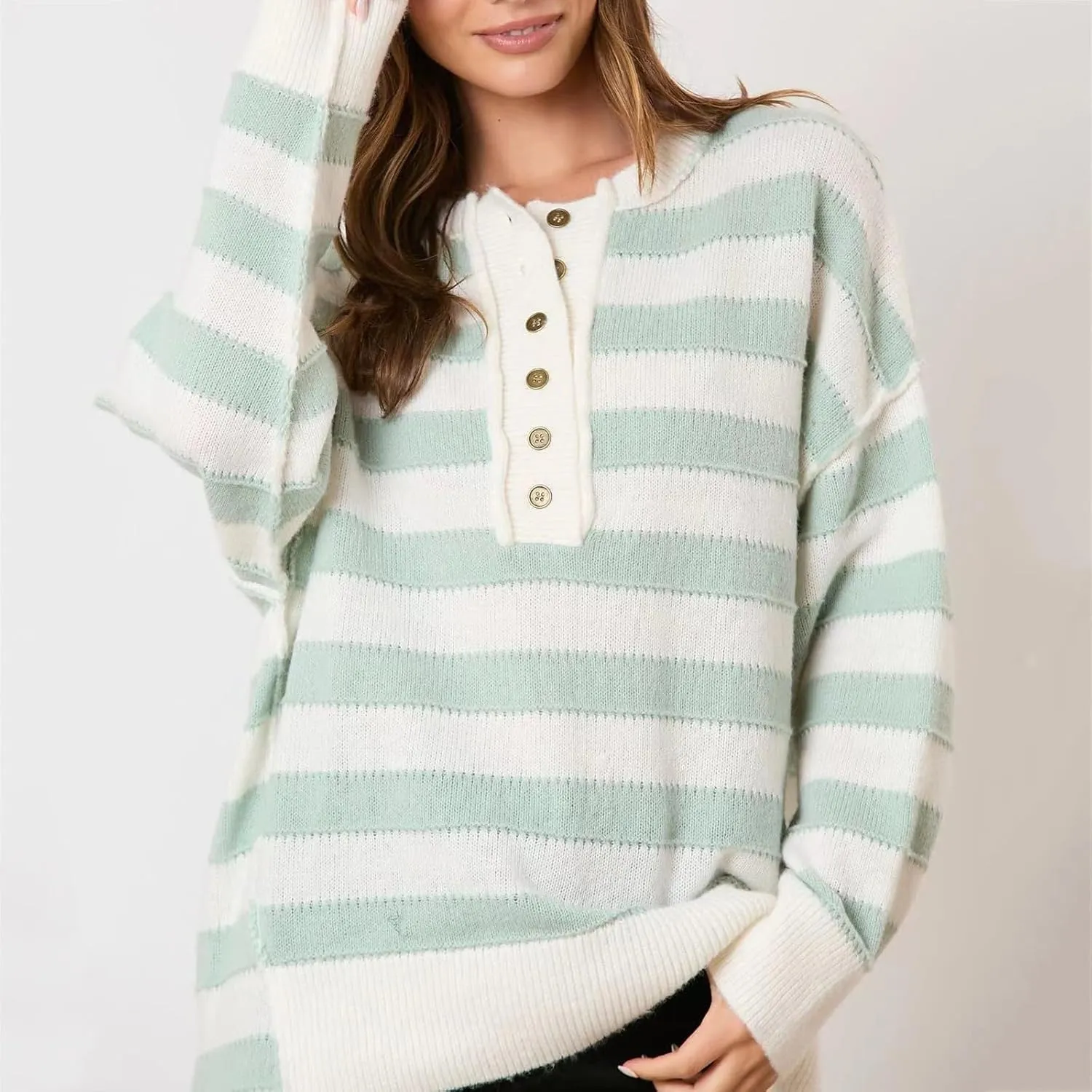 Sweaters for Women Henley Style Button Sweatshirt Striped Pullover Sweater Long Sleeve Knit Cardigan Fall Fashion Top