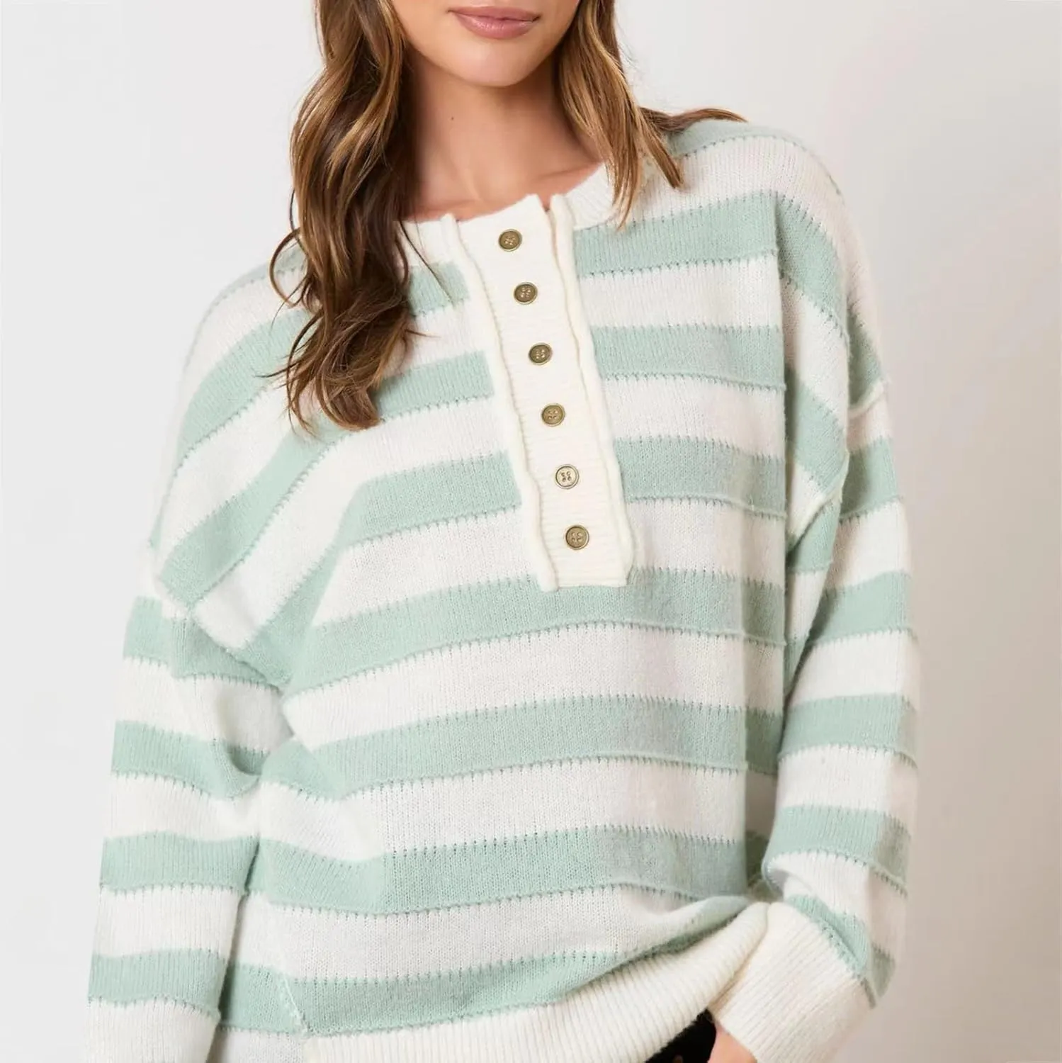 Sweaters for Women Henley Style Button Sweatshirt Striped Pullover Sweater Long Sleeve Knit Cardigan Fall Fashion Top