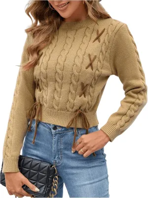 SweatyRocks Women's Long Sleeves Ribbon Sweater Crew Neck Plain Cable Knitted Corp Pullover Top
