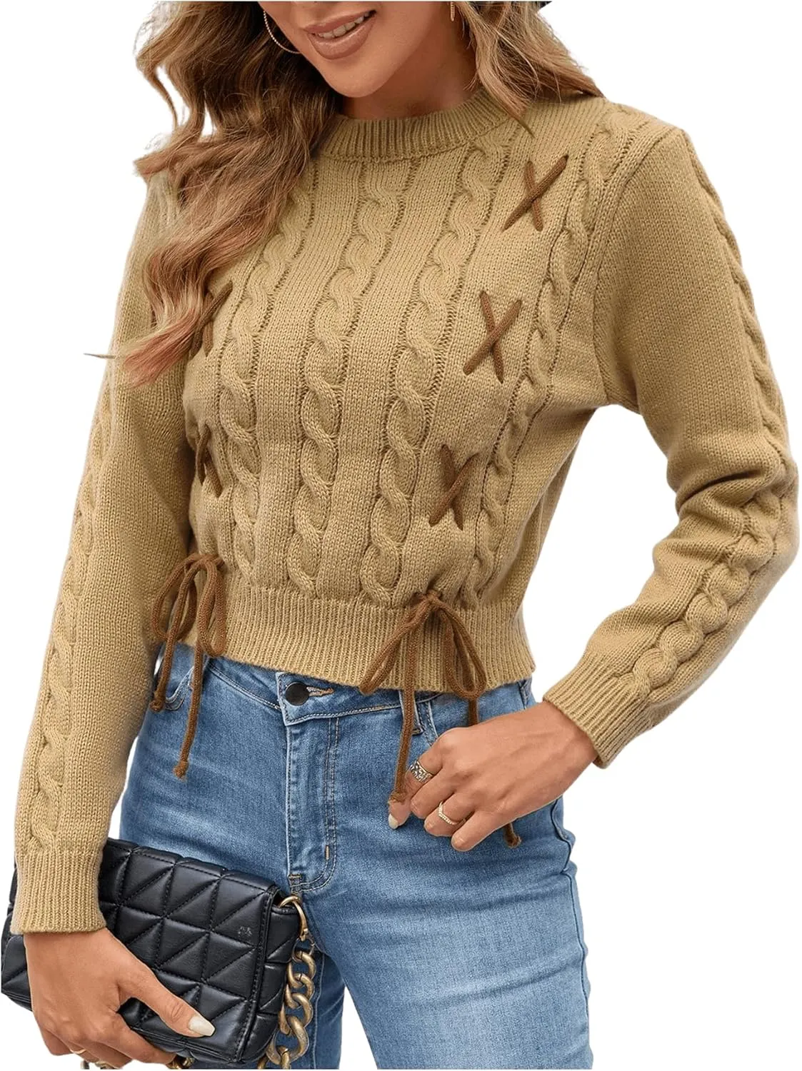 SweatyRocks Women's Long Sleeves Ribbon Sweater Crew Neck Plain Cable Knitted Corp Pullover Top