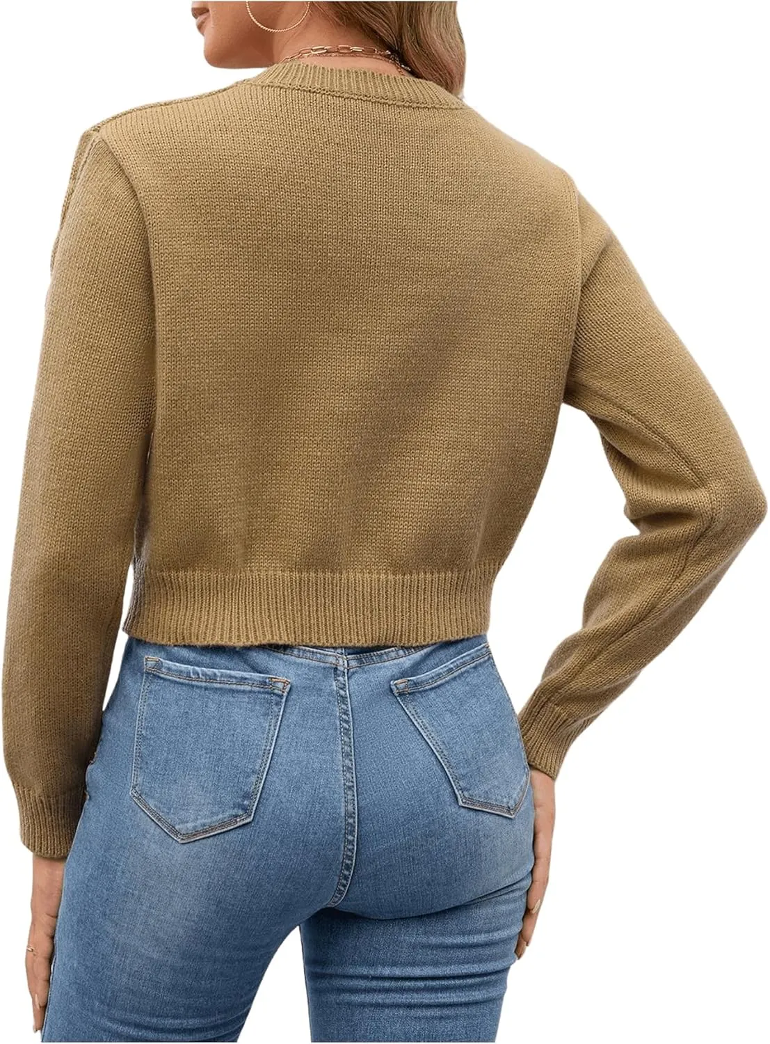 SweatyRocks Women's Long Sleeves Ribbon Sweater Crew Neck Plain Cable Knitted Corp Pullover Top
