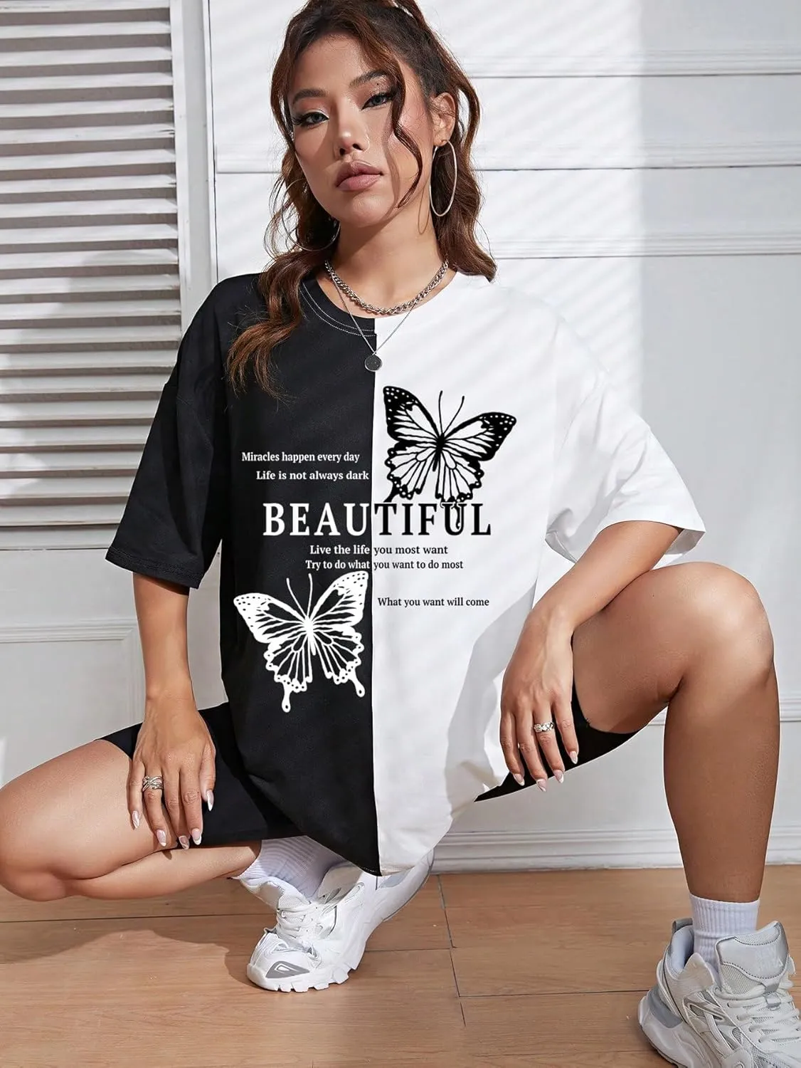 SweatyRocks Women's Oversized Butterfly Graphic T Shirt Half Sleeve Crew Neck Colorblock Tee Shirts