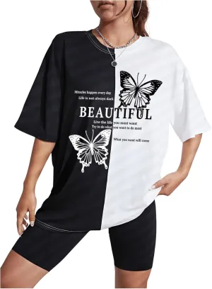 SweatyRocks Women's Oversized Butterfly Graphic T Shirt Half Sleeve Crew Neck Colorblock Tee Shirts