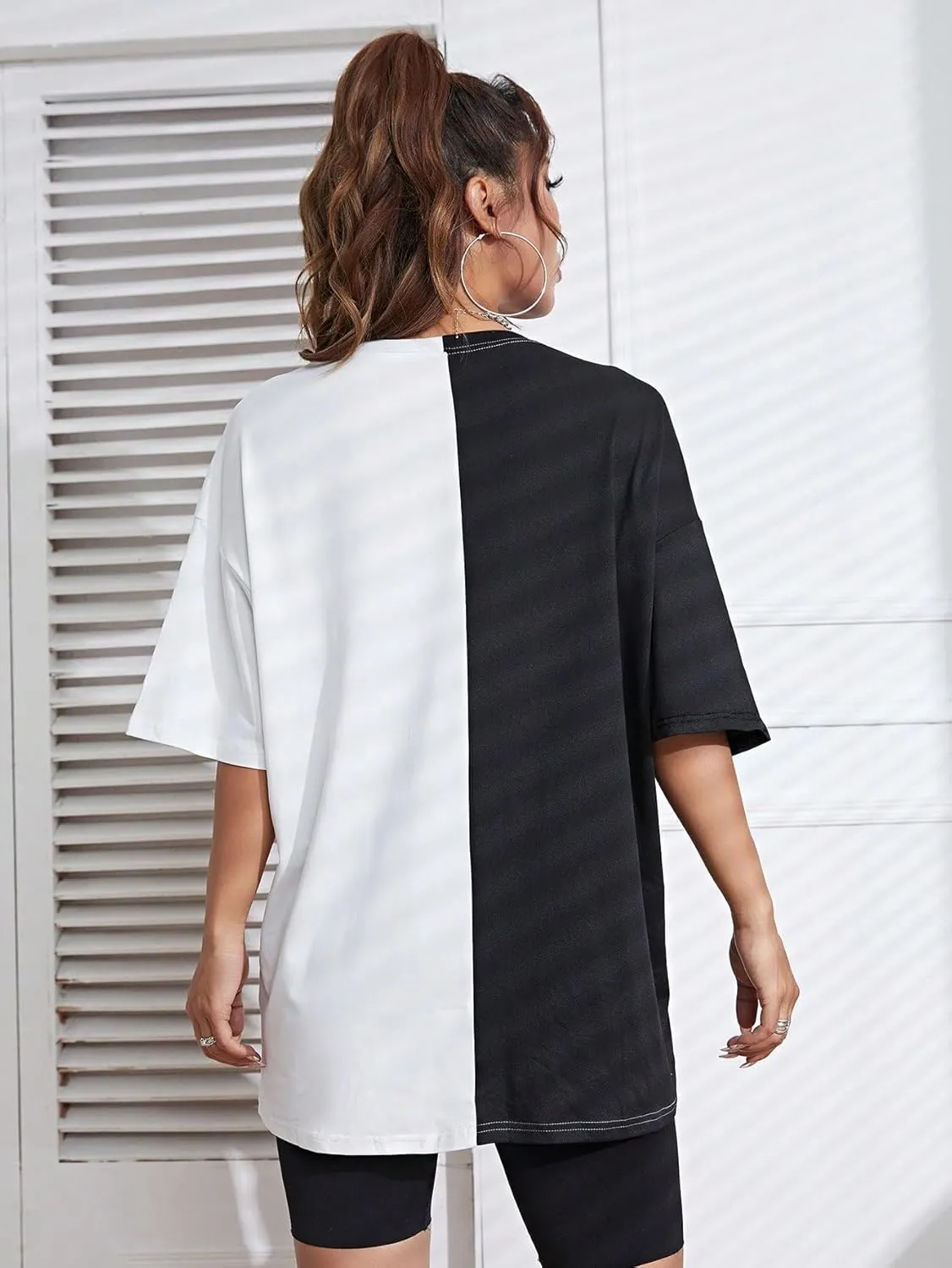 SweatyRocks Women's Oversized Butterfly Graphic T Shirt Half Sleeve Crew Neck Colorblock Tee Shirts