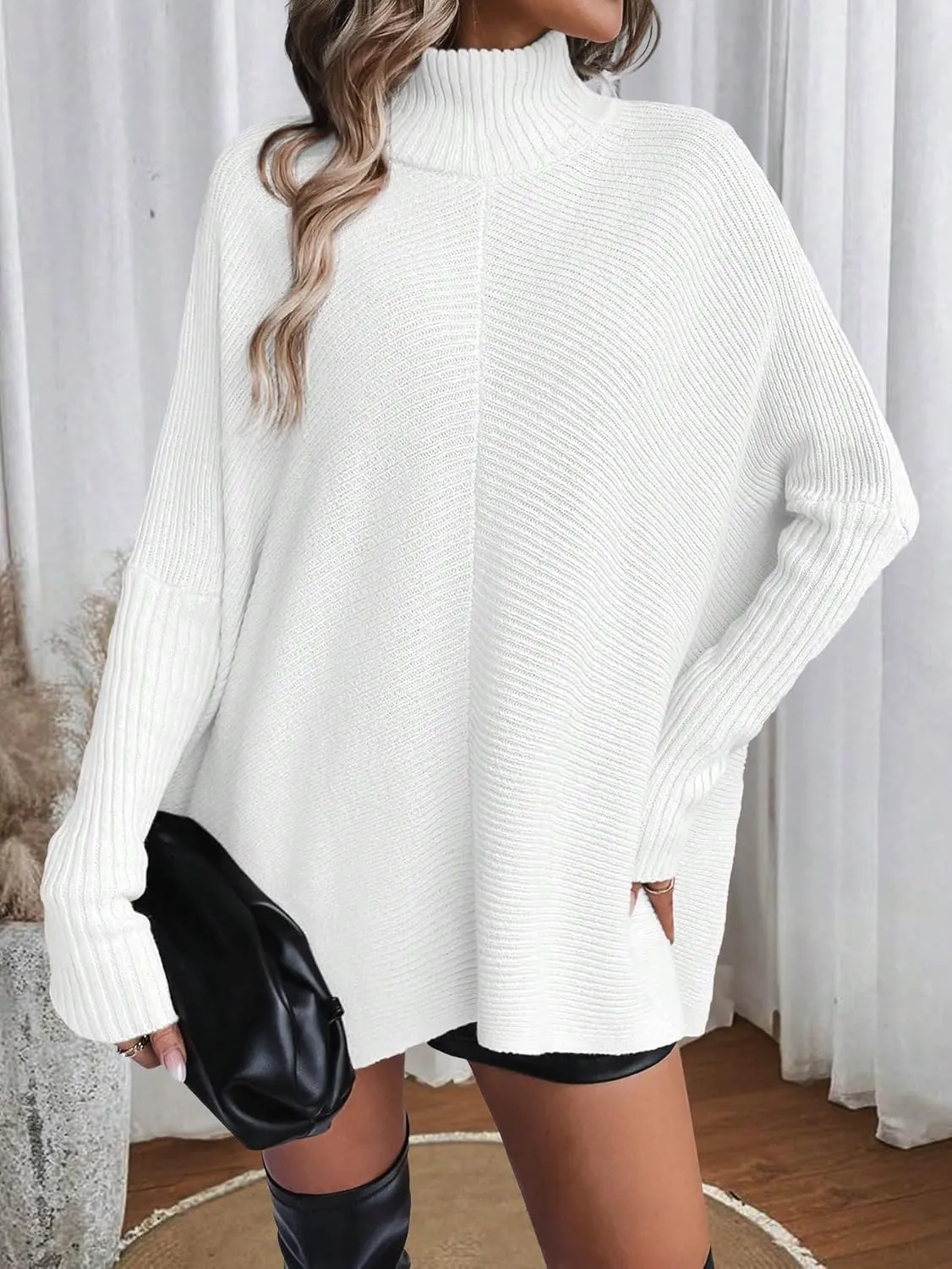 SweatyRocks Women's Oversized Dolman Sleeves Sweater Turtleneck Solid Color Loose Knitted Pullovers