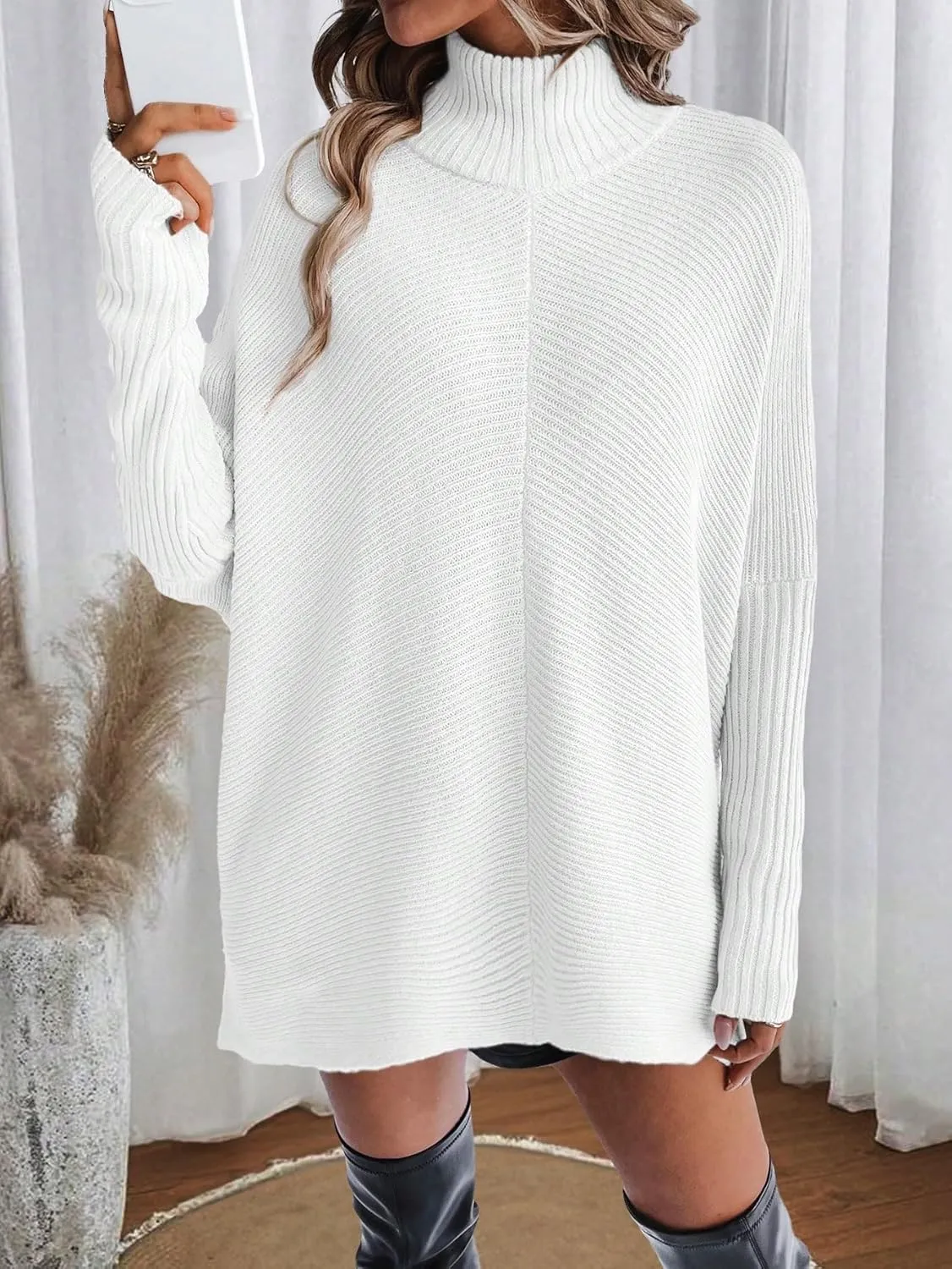 SweatyRocks Women's Oversized Dolman Sleeves Sweater Turtleneck Solid Color Loose Knitted Pullovers