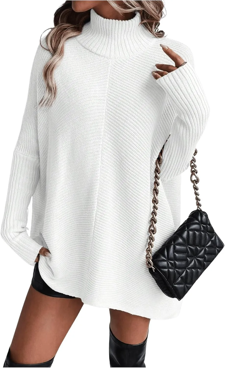 SweatyRocks Women's Oversized Dolman Sleeves Sweater Turtleneck Solid Color Loose Knitted Pullovers