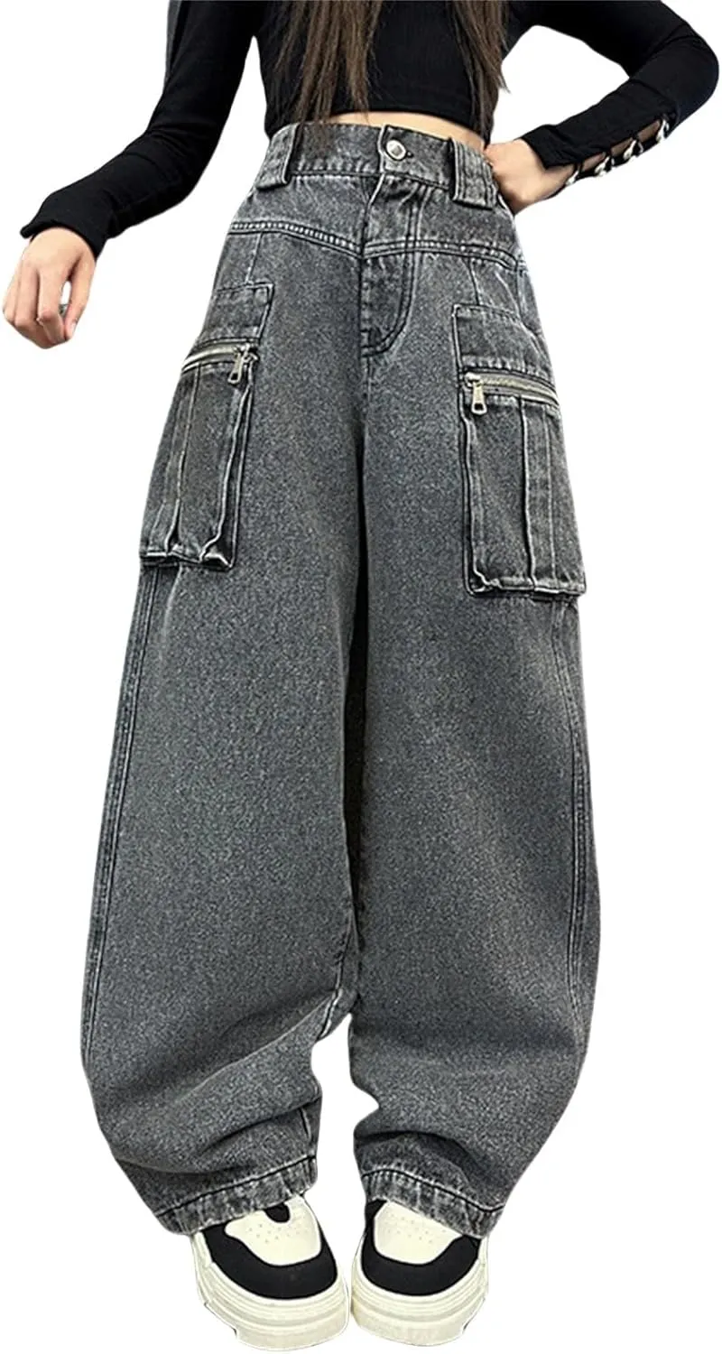 Teen Girls Baggy Ripped Jeans Cute Star High Waist Wide Leg Cargo Denim Pants Kids Girl Aesthetic Y2K Skinny Trousers