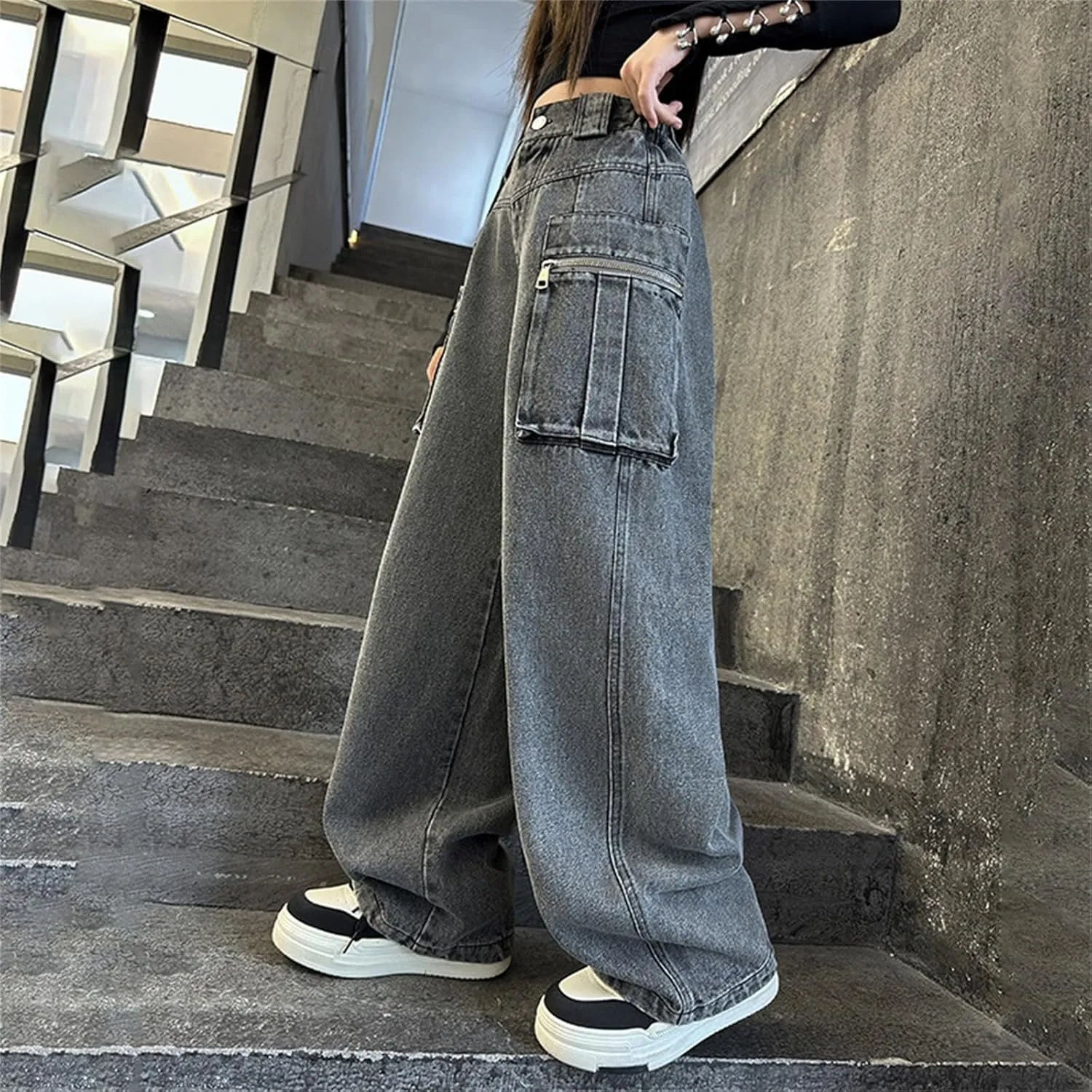 Teen Girls Baggy Ripped Jeans Cute Star High Waist Wide Leg Cargo Denim Pants Kids Girl Aesthetic Y2K Skinny Trousers