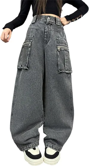 Teen Girls Baggy Ripped Jeans Cute Star High Waist Wide Leg Cargo Denim Pants Kids Girl Aesthetic Y2K Skinny Trousers