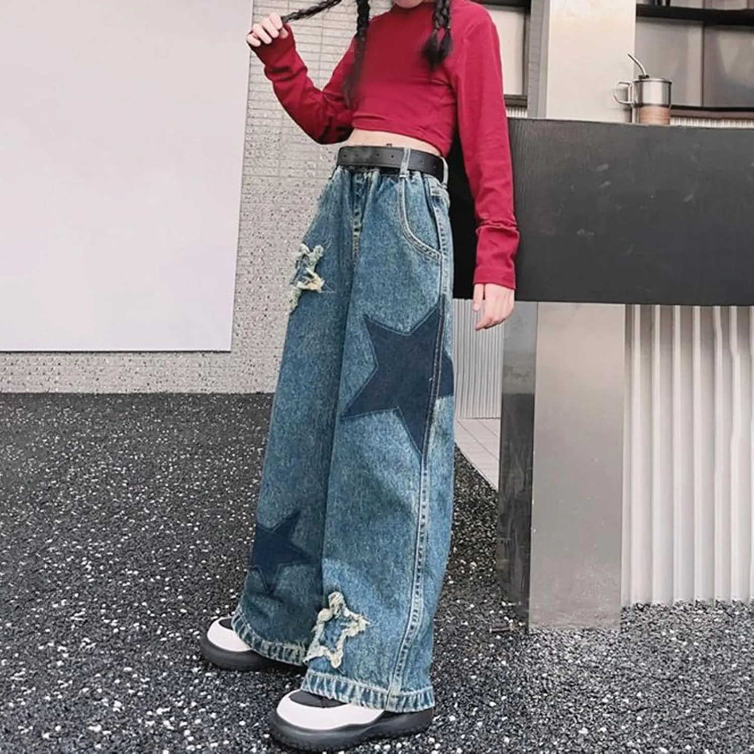Teen Girls Skinny Jeans Y2K Cute Star High Waist Wide Leg Ripped Denim Pants Spring Kids Girl Aesthetic Baggy