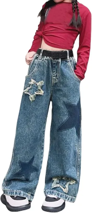 Teen Girls Skinny Jeans Y2K Cute Star High Waist Wide Leg Ripped Denim Pants Spring Kids Girl Aesthetic Baggy