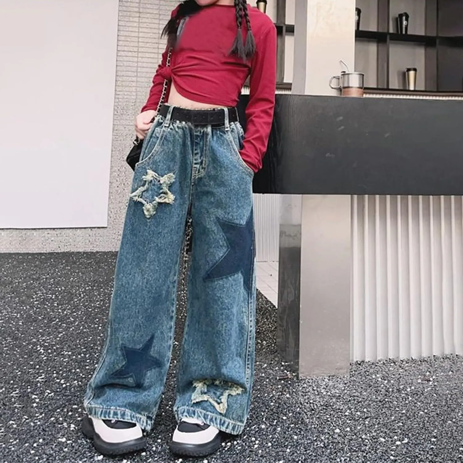 Teen Girls Skinny Jeans Y2K Cute Star High Waist Wide Leg Ripped Denim Pants Spring Kids Girl Aesthetic Baggy