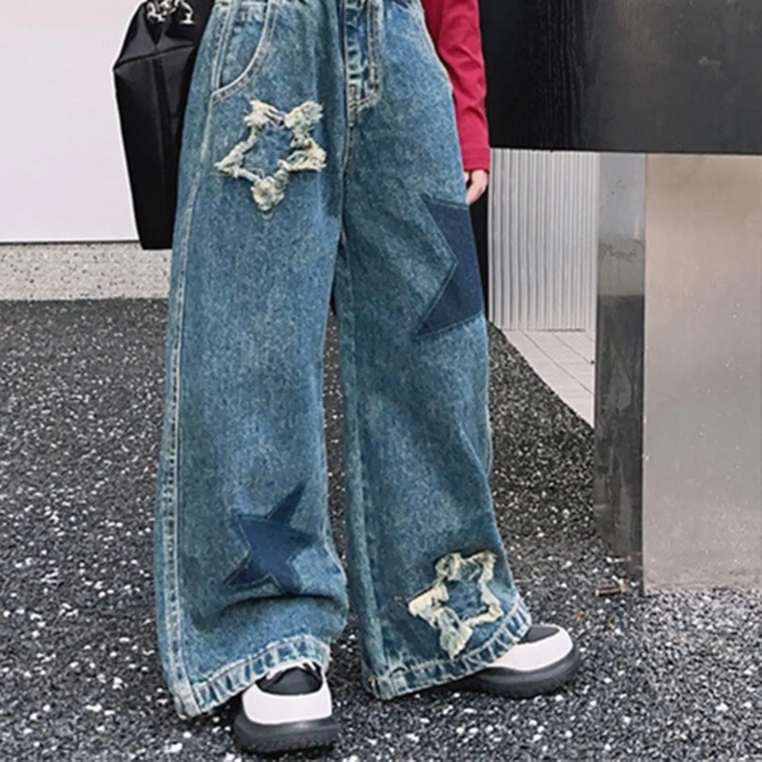 Teen Girls Skinny Jeans Y2K Cute Star High Waist Wide Leg Ripped Denim Pants Spring Kids Girl Aesthetic Baggy