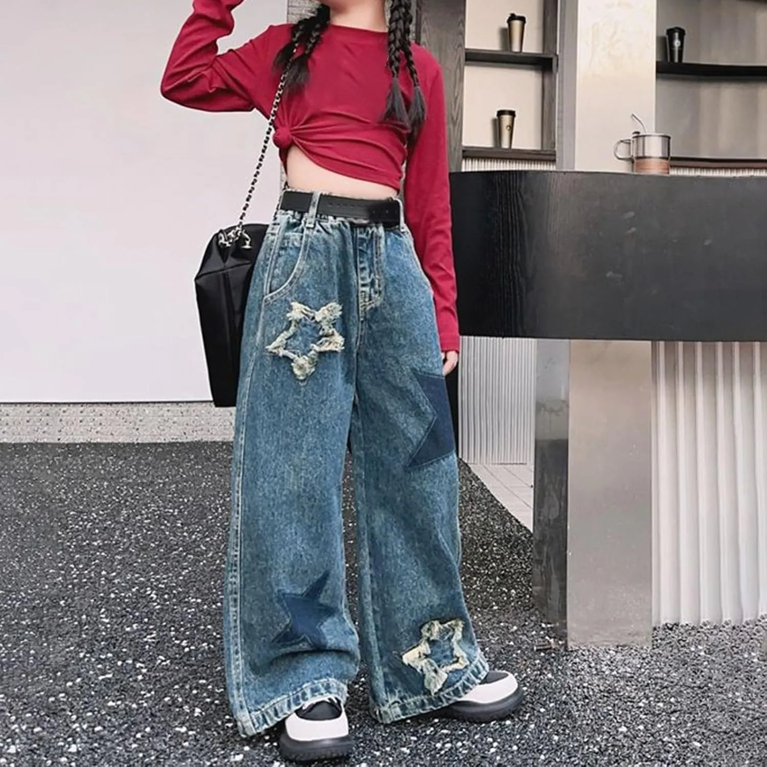 Teen Girls Skinny Jeans Y2K Cute Star High Waist Wide Leg Ripped Denim Pants Spring Kids Girl Aesthetic Baggy