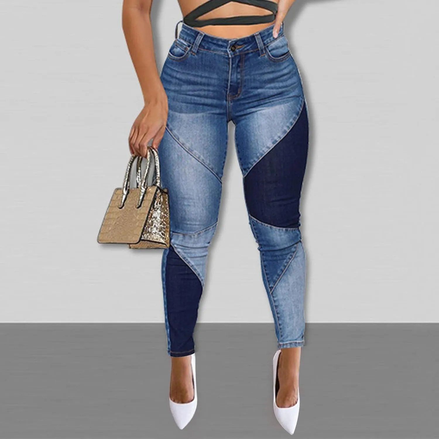 Tight Jeans for Women High Waisted Butt-Lifting Skinny Pencil Pants Pocket Button Patchwork Denim Trousers